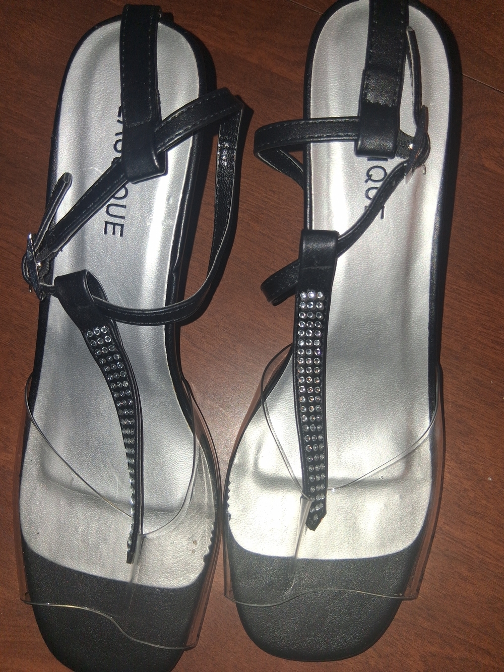 Women's Black Rhinestone T-Strap Sandals with Clear Toe Band